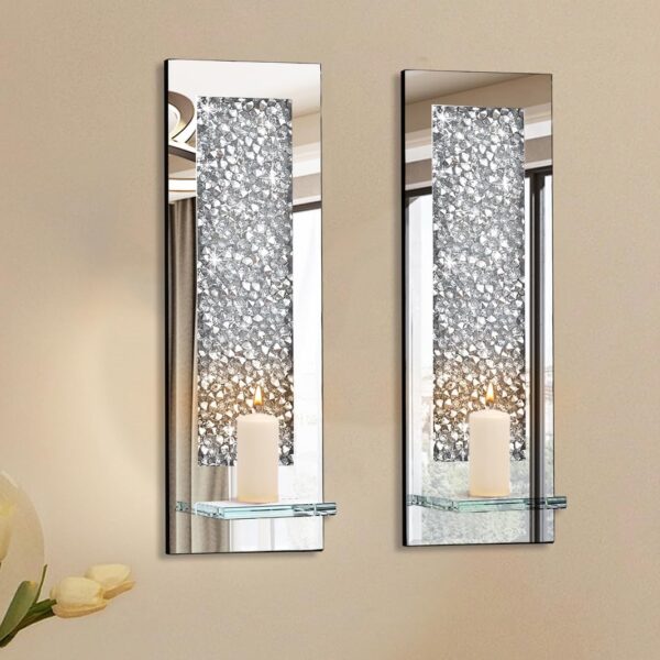 Pibeyer Crystal Crush Diamond Wall Candle Holder Set of 2, Rectangle Silver Mirrored Candle Sconces, Home Wall Decoration for Living Room,Dining Room & Bedroom - Image 2