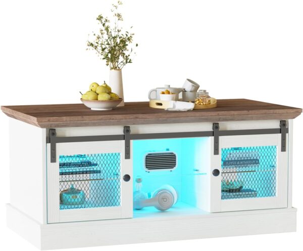 Vabches Coffee Table with Storage and Sliding Barn Doors, Farmhouse & Industrial Wood Square Table with LED Lights Adjustable Shelves, Rustic Center Rectangular Cabinet for Living Room, White Brown - Image 7