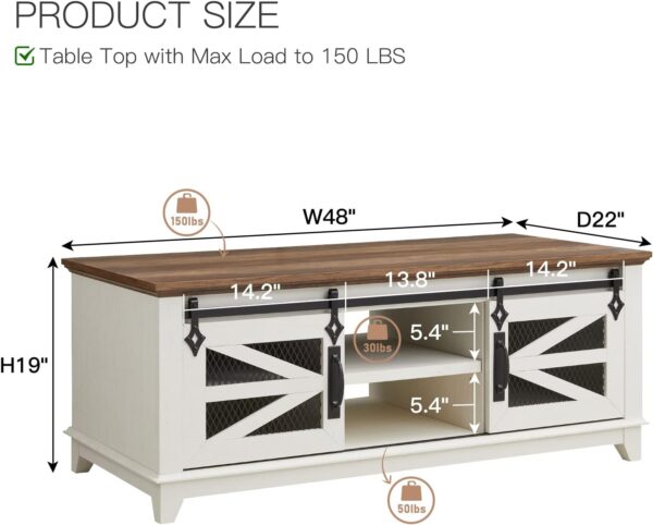 OKD 48'' Coffee Table with Storage & Sliding Barn Doors, Farmhouse & Industrial Cocktail Table w/Adjustable Shelves, Modern Rectangular Rustic Living Room, Meeting Room, Antique White - Image 2
