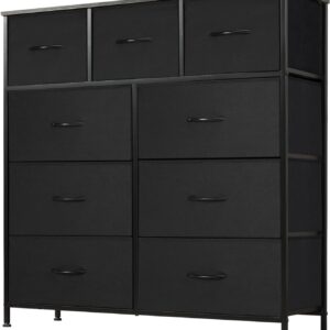 DUMOS Dresser for Bedroom, Storage Tower with 9, Chest of Drawers with Fabric Bins, Black