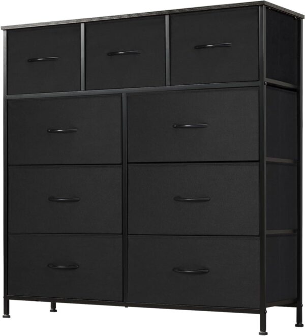 DUMOS Dresser for Bedroom, Storage Tower with 9, Chest of Drawers with Fabric Bins, Black