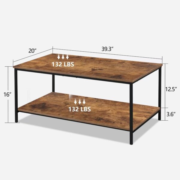 SENIG 2-Tier Coffee Table with Storage Shelf for Living Spaces, Brown Rectangle Wood and Sturdy Metal Side End Table, Functional Center Table for Living Room, 39.3 x 20 x 16 - Image 3