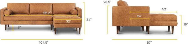 POLY & BARK Napa Leather Couch – Right-Facing Sectional Leather Sofa - Tufted Back Full Grain Leather Couch with Feather-Down Topper On Seating Surfaces – Pure-Aniline Italian Leather – Cognac Tan - Image 3