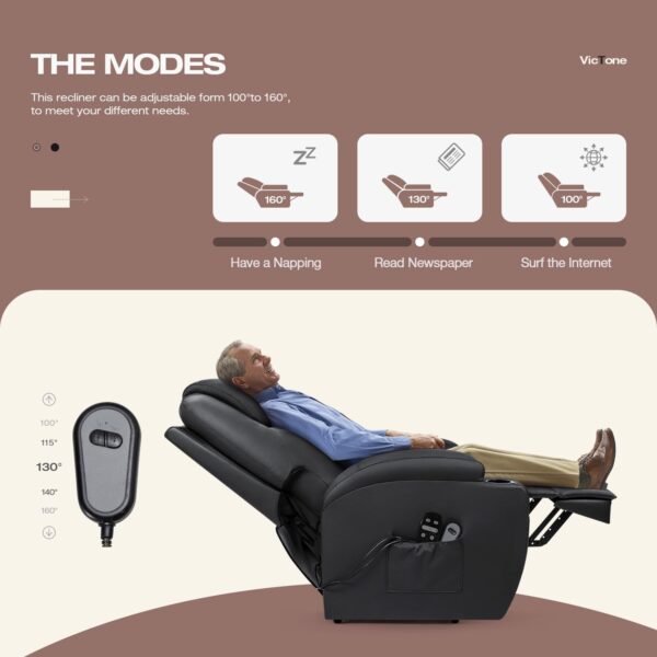 VICTONE Electric Power Lift Recliner Chair for Elderly Reclining Sofa for Living Room with Massage, Side Pockets and Cup Holders (Leather, Black) - Image 5