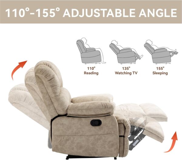 LUXLEN Large Manual Recliner Chair,Soft Fabric Push Back Recliner with Overstuffed Armrest and Backrest, Living Room Single Sofa Recliners,Grey - Image 5