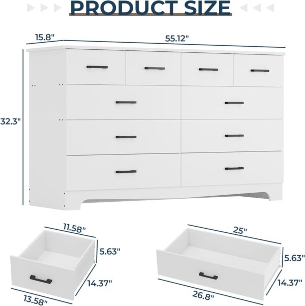 DICTAC White Bedroom Dresser with 10 Drawers, Large Chest of Drawers Storage Organizer, Long Dresser TV Stand with Power Outlets, Wide Dresser for Bedroom, Living Room (55.1" W x 32.3" H x 15.8" D) - Image 2