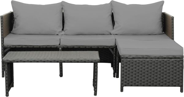 Valita 3-Piece Outdoor PE Rattan Furniture Set Patio Black Wicker Conversation Loveseat Sofa Sectional Couch Gray Cushion - Image 7
