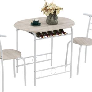 VINGLI 3 Piece Dining Set,Small Kitchen Table Set for 2,Breakfast Table Set,Kitchen Wooden Table and 2 Chairs for Small Space/Dining Room/Apartment,Metal Frame,Wine Rack,White&Light Oak