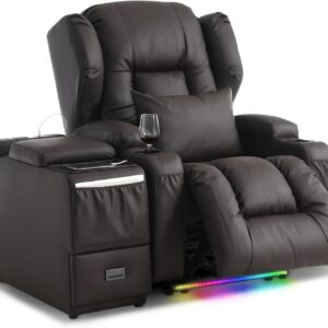 Leather Power Recliner Chair Set with Multi-Functional Console, LED Light Theater Seating Double Recliner with Massage and Heat, Cup Holders/Charging/Free Pillows (Brown, Single Chair)