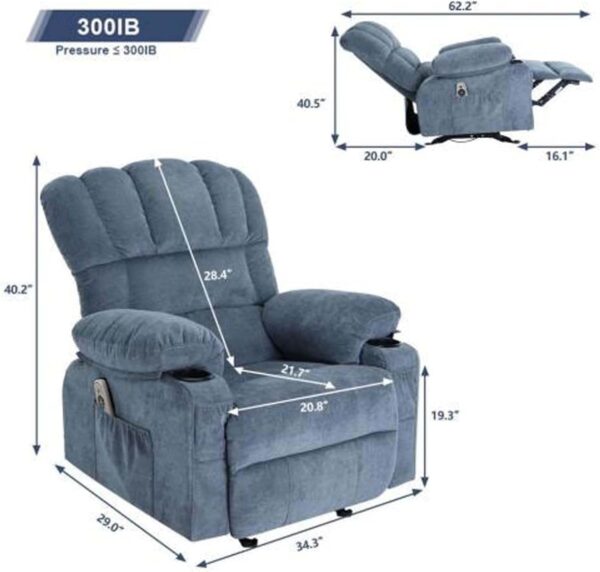 Massage Chair Recliner with Heat&USB,Comfotable Lazy Boy Recliner Chair with Cup Holder&2 Side Pockets,Manual Recliner Chair for Adults,Bread-Shaped,Heavy Duty,Fabric (Blue) - Image 2