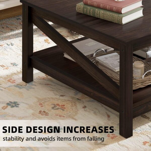 YITAHOME 2-tier Square Coffee Tables with Storage,Coffee Table for Living Room,Center Table Coffee Table for Home,Wood Living Room Table Industrial Small Farmhouse Cocktail Table, Espresso - Image 6