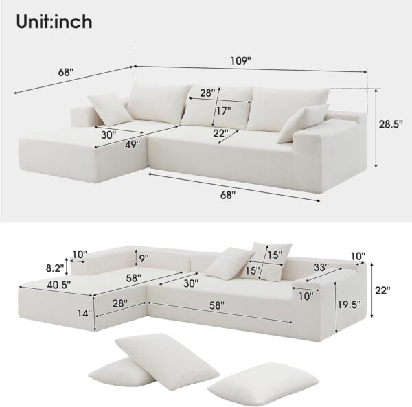 BIADNBZ 109" Modular Sectional Sofa with Chaise Lounge and Pillows, Convertible L Shaped Couch for Living Room Small Spaces Apartment Salon, Upholstered Chenille Fabric Sleeper,White - Image 2