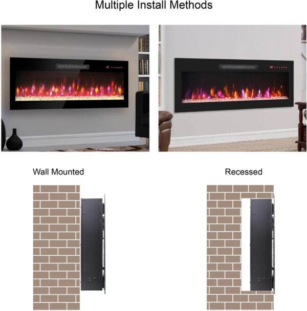 60 Inches Electric Fireplace Recessed and Wall Mounted, Ultra Thin Tempered Glass Electric Fireplace with Remote and Multi Color Flame & Emberbed, LED Light Heater (1400W Ordinary Model) - Image 5