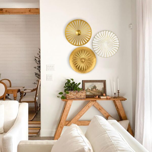 Briful 12" Wall Décor Pack of 3 Metal Gold & White Washed Starbursts Radial Plate Wall Art Modern Accent Hanging Wall Decorations For Home Office Bedroom Or Living Room Wall Sculptures - Image 6