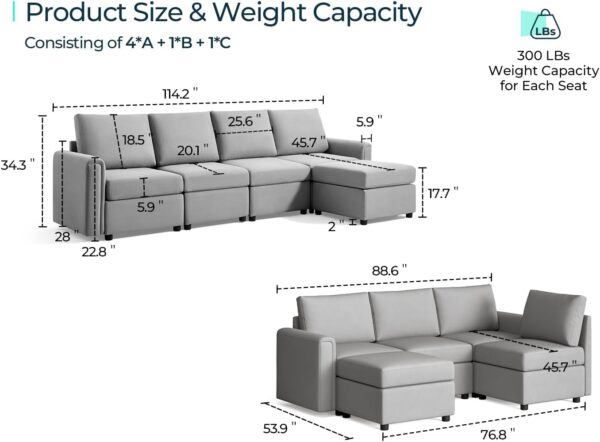 LINSY HOME Modular Sectional Sofa, Convertible L Shaped Sofa Couch with Storage, Memory Foam, Modular Sectionals with Ottomans, 5 Seat Sofa Couch with Chaise for Living Room, Grey - Image 2