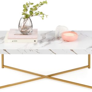 Best Choice Products 44in Rectangular Marble Coffee Table, X-Base Accent Table for Living Room, Dining Room, Home Décor w/Faux Marble Top - White/Bronze Gold
