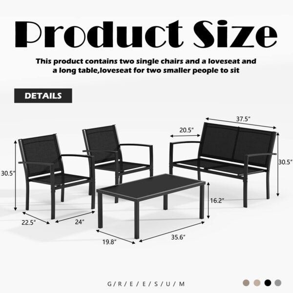 Greesum 4 Pieces Patio Furniture Set, Outdoor Conversation Sets for Patio, Lawn, Garden, Poolside with A Glass Coffee Table, Black - Image 4