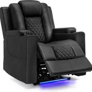 COMHOMA Power Recliner Chair PU Leather Electric Massage Recliner Sofa for Living Room Home Theater Seating with Cup Holders and LED Lighting (Black)