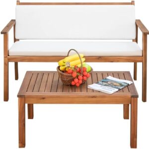 Devoko Patio Furniture 4 Piece Acacia Wood Outdoor Conversation Sofa Set with Table & Cushions Porch Chairs for Garden, Deck, Backyard, Beige