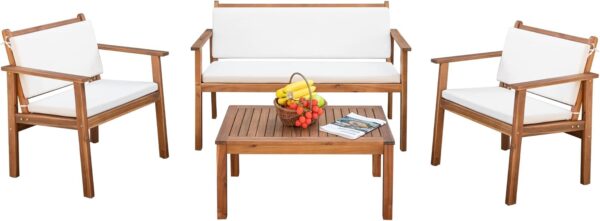 Devoko Patio Furniture 4 Piece Acacia Wood Outdoor Conversation Sofa Set with Table & Cushions Porch Chairs for Garden, Deck, Backyard, Beige