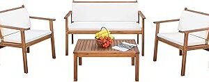 Devoko Patio Furniture 4 Piece Acacia Wood Outdoor Conversation Sofa Set with Table & Cushions Porch Chairs for Garden, Deck, Backyard, Beige