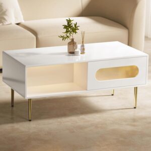 Coffee Table for Living Room 40.6inch LED Coffee Table Small White Coffee Table with Hidden Storage, High Glossy Modern Coffee Tables with Gold Metal Legs, Rounded Edges Home Accent Furniture