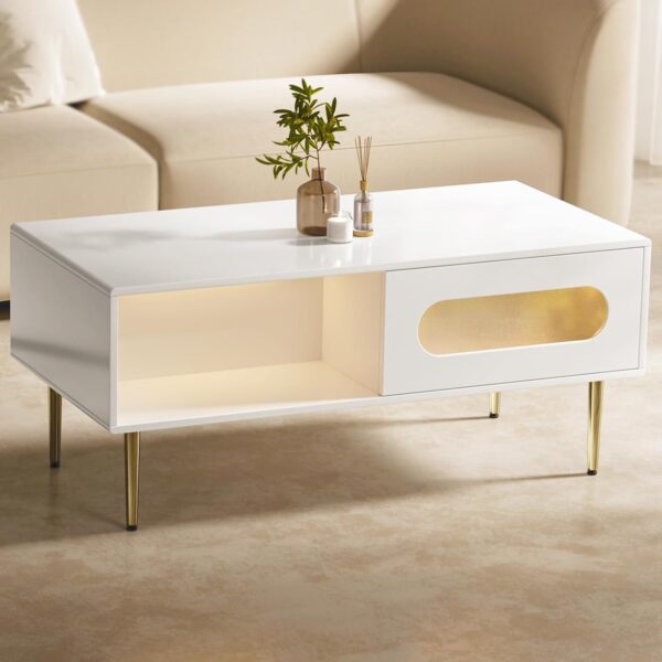 Coffee Table for Living Room 40.6inch LED Coffee Table Small White Coffee Table with Hidden Storage, High Glossy Modern Coffee Tables with Gold Metal Legs, Rounded Edges Home Accent Furniture