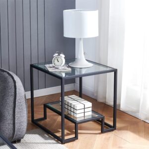 Black Metal Glass Coffee Table - Simple Center Coffee Table for Living Room Home, Metal Frame Coffee Table with 2 Shelves,Modern Table for Bedroom, Dinning Room,Office Decor
