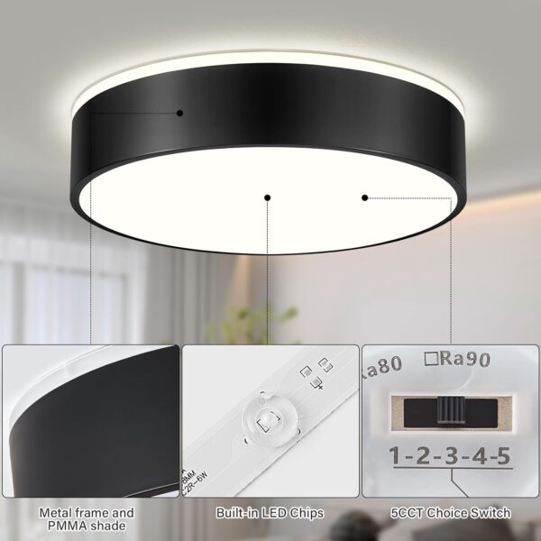 Dimmable Black Flush Mount Ceiling Light, Modern LED Close to Ceiling Lighting Fixtures with Lampshade, Minimalist Round LED Ceiling Lamp for Bedroom, Kitchen, Bathroom, Living Room-15.8IN - Image 7