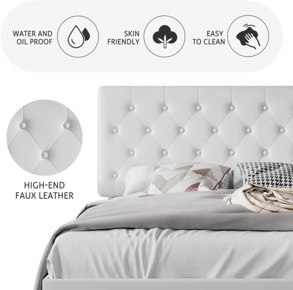 SHA CERLIN Full Size Bed Frame with Button Tufted Headboard, Faux Leather Upholstered Mattress Foundation, Platform Bed Frame, Wooden Slat Support, No Box Spring Needed, White - Image 5