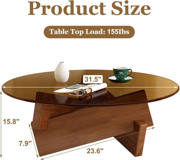 Coffee Table, Round Coffee Table for Living Room Modern Glass Coffee Table with Solid Wood Legs Farmhouse Mid Century Center Table Large Circle Cocktail Table (Walnut + Transparent, 31.5in) - Image 2