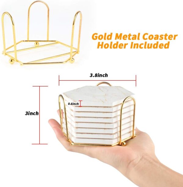 Geila Coasters for Drinks, 8pcs Coasters for Coffee Table, Marble Coasters for Drinks Absorbent with Metal Holder, Gold Cup Coasters Set Rustic Home Decor for Living Room Bar - Housewarming Gifts - Image 6