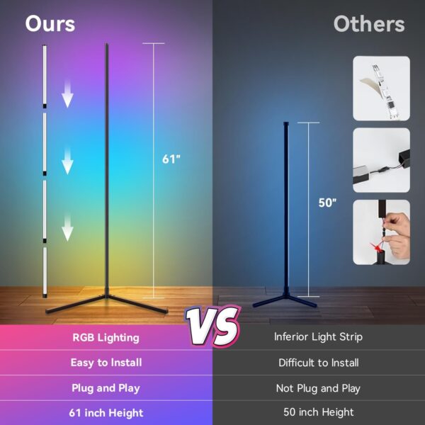 Corner Floor Lamp, 61" RGB Led Floor Lamp, Dimmable Ambient Lighting Corner Lamp, Music and Voice Sync, Color Changing Lamp with Bluetooth App and Remote Control for Living Room, Bedroom, Gaming Room - Image 5