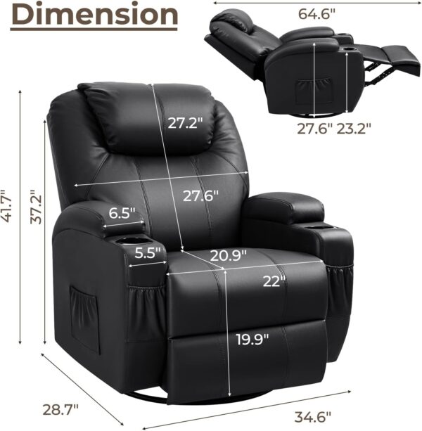 Furniwell Rocker Recliner Chair with Massage for Elderly, Leather Adjustable 360°Swivel Rocking Sofa for Living Room with Remote Control, Cup Holders (Black) - Image 2