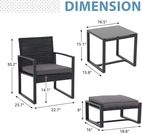 JOIVI 5 Pieces Patio Bistro Set, PE Wicker Outdoor Patio Furniture Set, Modern Rattan Patio Chairs with Table & Ottomans, Patio Conversation Sets for Balcony, Front Porch, Garden, Black Cushion - Image 6