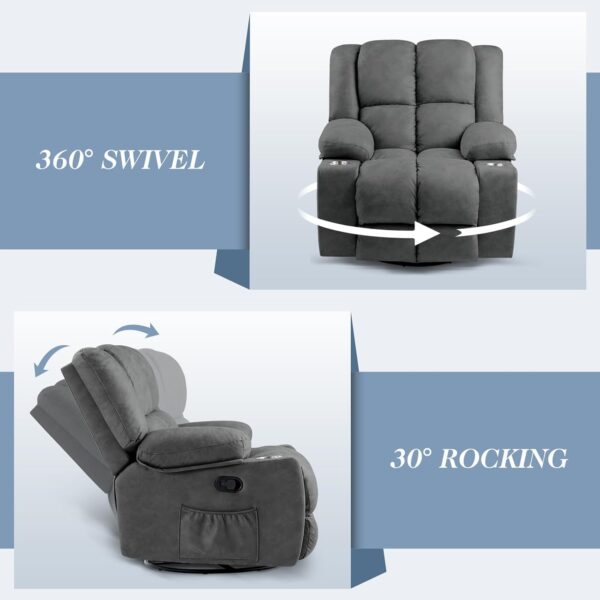 Oversized Swivel Rocking Recliner Chairs for Adults, Lazy Boy Reclining Glider with Cup Holder and Massage,Wide Fabric Rocker Single Sofa for Living Room Bedroom, Dark Grey - Image 3