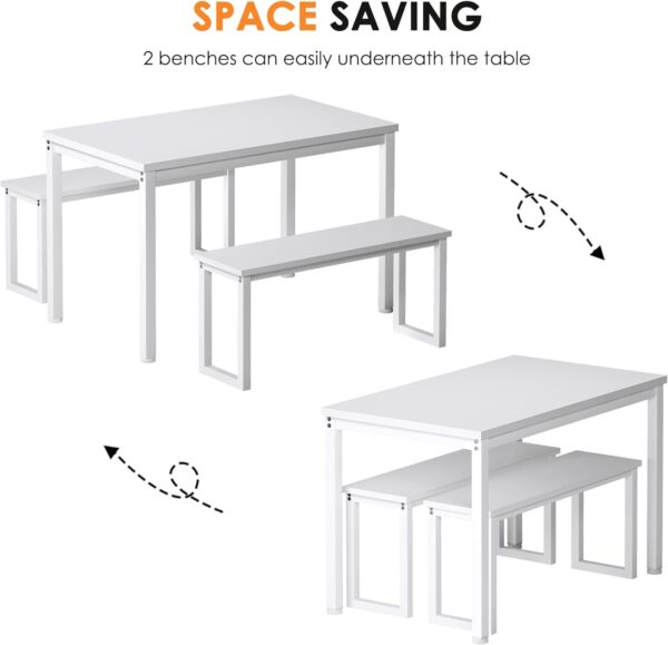 soges Kitchen Table Set with 2 Benches, White Dining Table Set for 4, 3 Piece Dining Room Table and Long Benches, Breakfast Table Coffee Table Set, Industrial Style Wooden Kitchen and Dining Room Set - Image 5