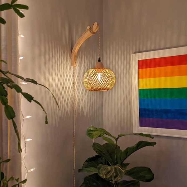 Frideko Bamboo Lantern Plug in Wall Sconces Wicker Wall Lamp with Plug in Cord Hand Woven Rattan Wall Light Farmhouse Rustic Wall Sconces Boho Sconces Wall Lighting for Living Room Bedroom - Image 2