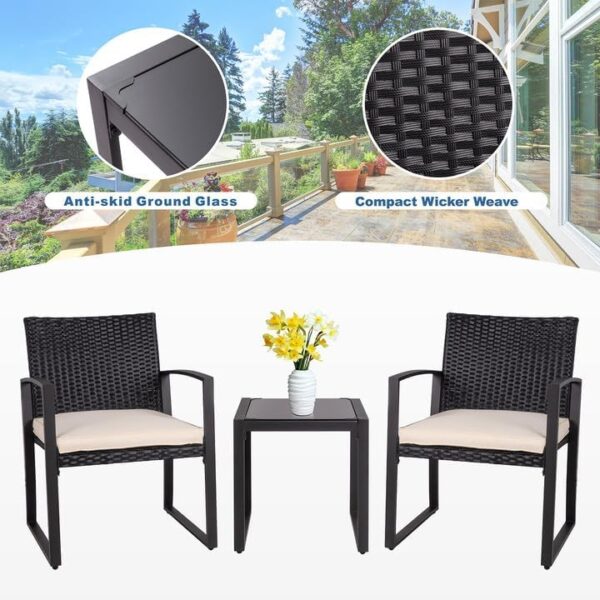Shintenchi 3 Pieces Outdoor Patio Furniture Set Modern Black Wicker Bistro Set Rattan Chair Conversation with Coffee Table for Yard Porch Poolside Lawn(Beige) - Image 2
