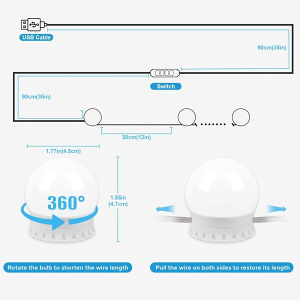 LED Vanity Lights for Mirror, Vanity Lights Stick on with 10 Dimmable Bulbs, 3000K 4000K 6500K & 10 Level Brightness Adjustable, USB Cable, Hollywood Mirror Lights for Makeup Dressing Room Bathroom - Image 2