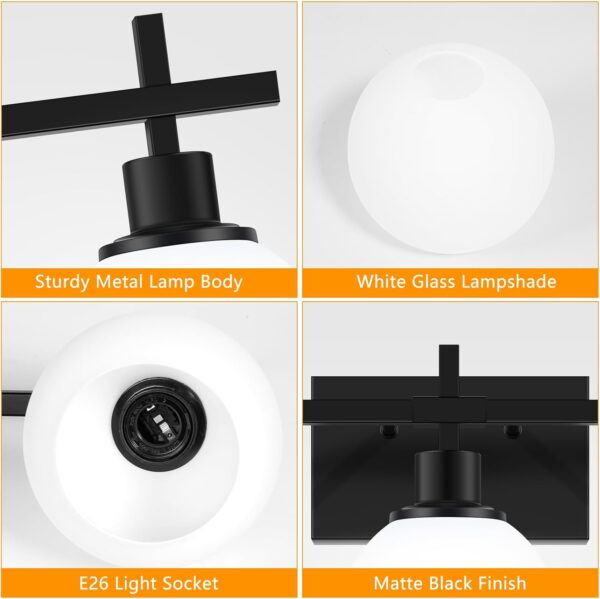 Modern Vanity Lighting Fixtures,3-Light Black Bathroom Lighting Fixtures Over Mirror，Bathroom Wall Mounted Vanity Light with Milky White Glass Lampshade for Living Room，Bedroom，Hallway - Image 4