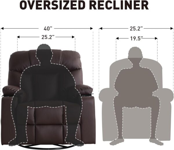 Bonzy Home Oversized Swivel Rocker Recliner, 40" Rocking Recliner Chair with Heated and Massage, PU Leather Single Sofa with Swivel Function, 2 Cup Holders for Living Room Bedroom, Brown - Image 3