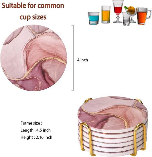 Absorbent Pink Marble Ceramic Coasters for Drinks with Gold Holder and Cork Base Set of 6 Round Decorative Tabletop Protection for Coffee Table Bar Kitchen Home and Dining Room - Image 2