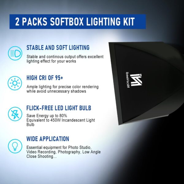 Softbox Lighting Kit, NiceVeedi 2-Pack 16'' x 16'' Softbox Photography Lighting Kit with 63” Tripod Stand & 5400K 450W Equivalent LED Bulb, Continuous Lighting for Photography/Video Record - Image 3