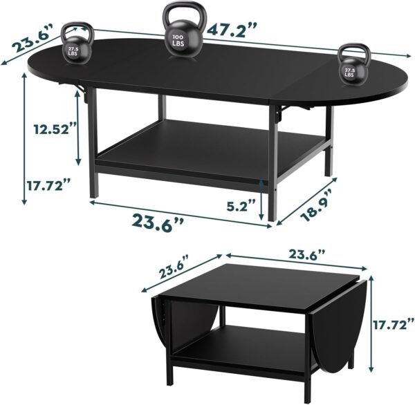 SAYGOER Black Coffee Table Modern Extended Coffee Tables with Storage for Living Room 2-Tier Unique Center Table with Two Foldable Panel for Any Large or Small Space, All Black - Image 2