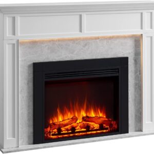 LegendFlame® Ashley Electric Fireplace with 60" Mantel Surround and Jaden 36" Insert, Cream White with Light Grey Marble Finish