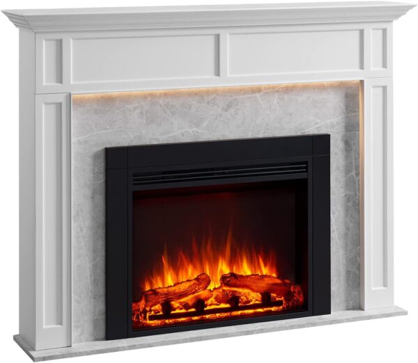 LegendFlame® Ashley Electric Fireplace with 60" Mantel Surround and Jaden 36" Insert, Cream White with Light Grey Marble Finish