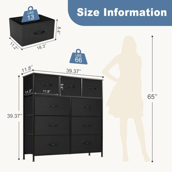 DUMOS Dresser for Bedroom, Storage Tower with 9, Chest of Drawers with Fabric Bins, Black - Image 3