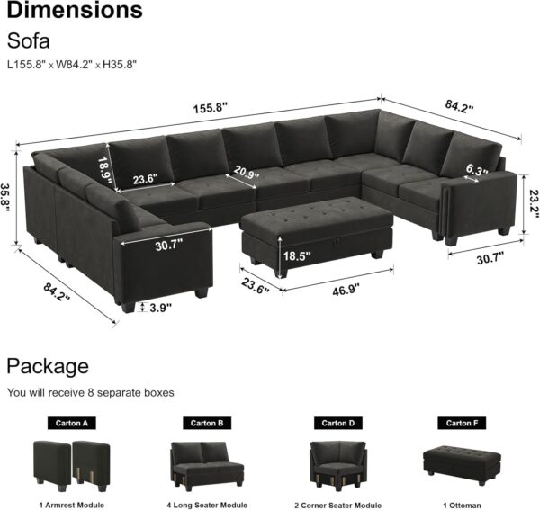 Belffin Oversized Modular Sectional Sofa U Shaped Sofa with Storage Ottoman Convertible 10-Seater Velvet Sectional Sofa with Chaises Grey - Image 2