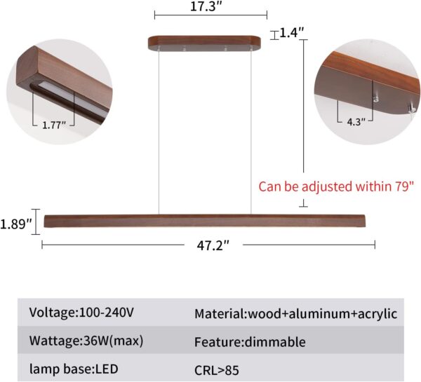 47.2" Wood Linear Pendant Light 34W Led Dimmable Dining Pendant Light Wood Kitchen Island Lights Ceiling Pendant Hanging Light for Dining Room Office studing Walnut Color(Ash Wood) - Image 4